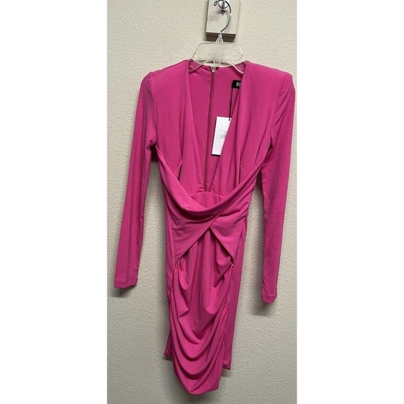 Nookie Dress Envy Mini Neon Pink Size S Deep Plunging Neck Rushed NEW - Picture 2 of 11